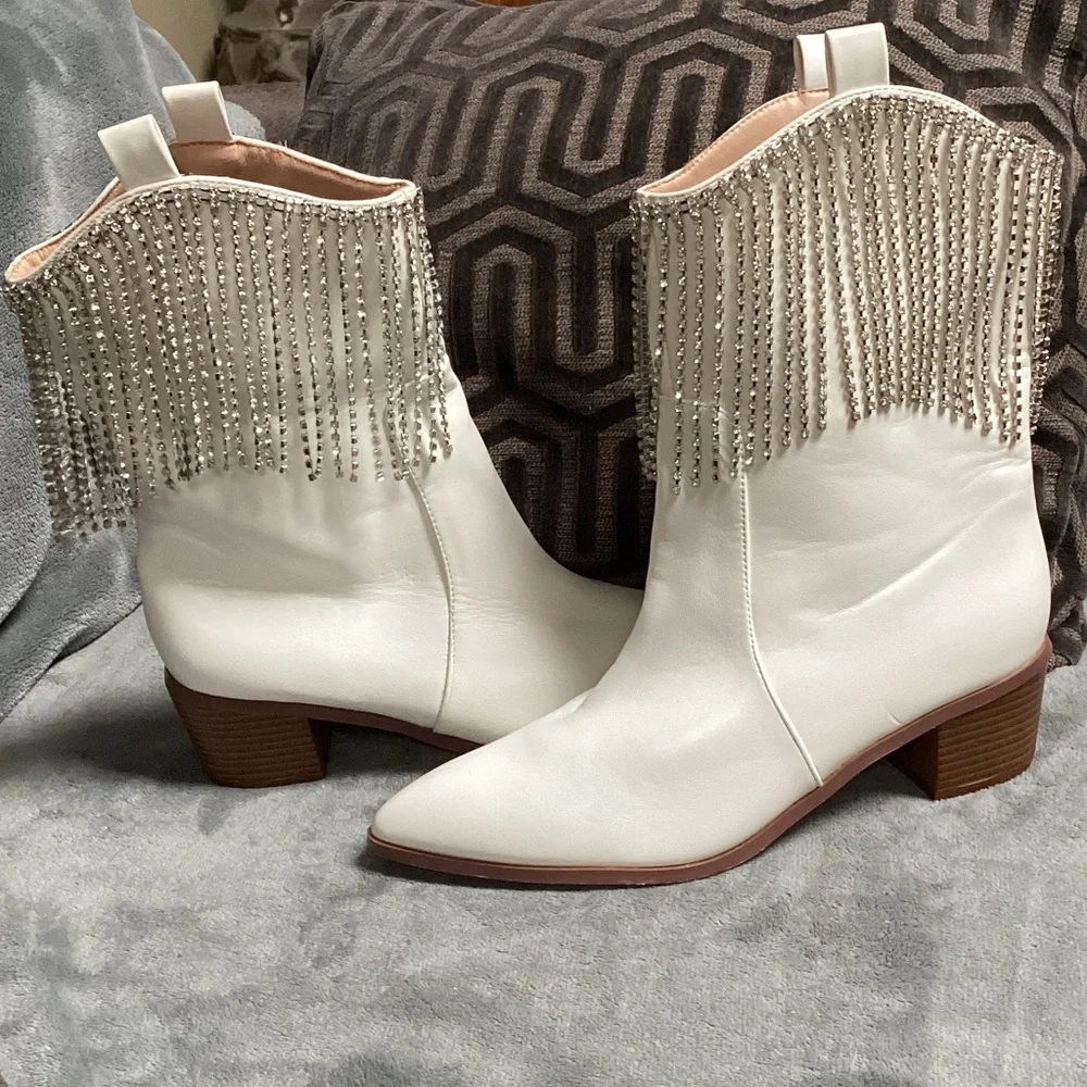 White rhinestone Fringe Cowboy Boots - Picture 1 of 7
